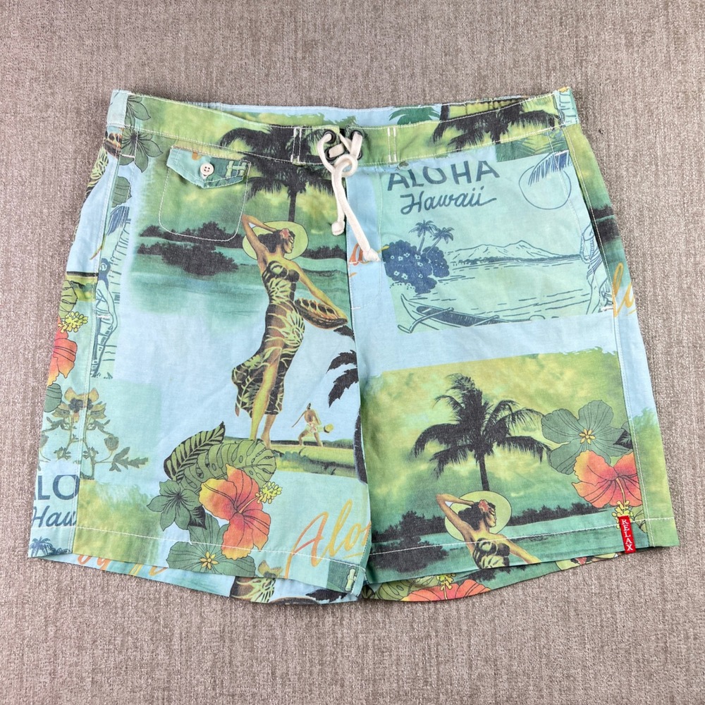 Tommy Bahama Relax Swim Trunks Mens Medium Blue Hawaii Postcard Vintage Print